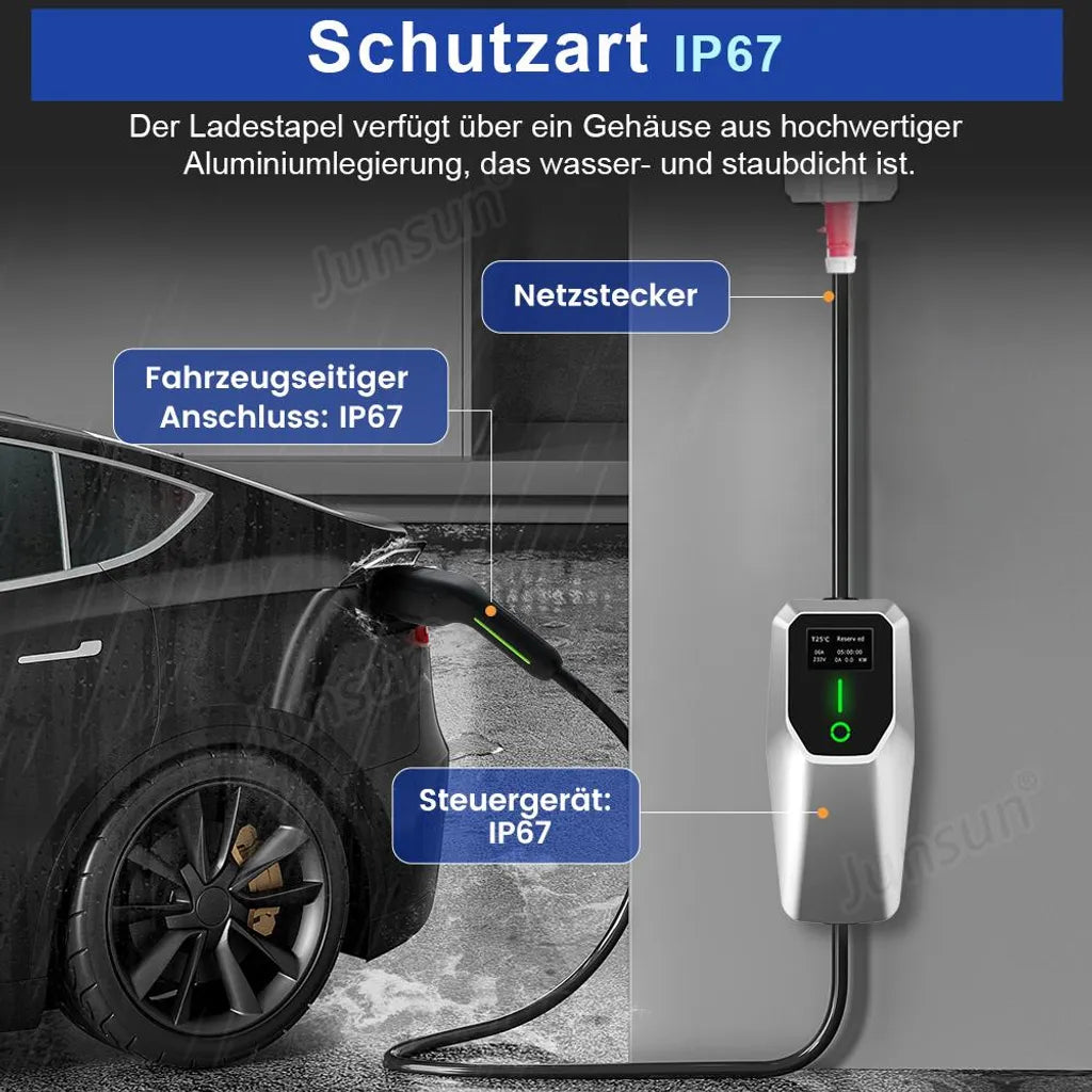 JUNSUN 11kW Mobile Wallbox Typ 2 | 8m Ladekabel | CEE & Schuko Adapter