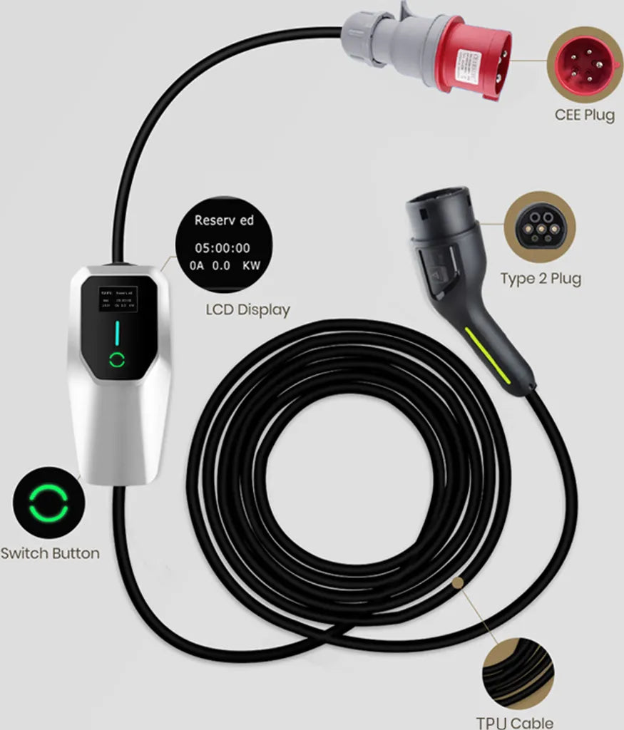 22kW Mobiles EV Ladegerät Typ 2 | 32A 3-Phasig | 4M Ladekabel IP65