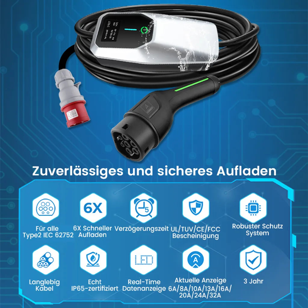 UNSUN 11kW Mobiles EV-Ladegerät Typ 2 | 16A 3-Phasig | 4m CEE-Stecker IP67