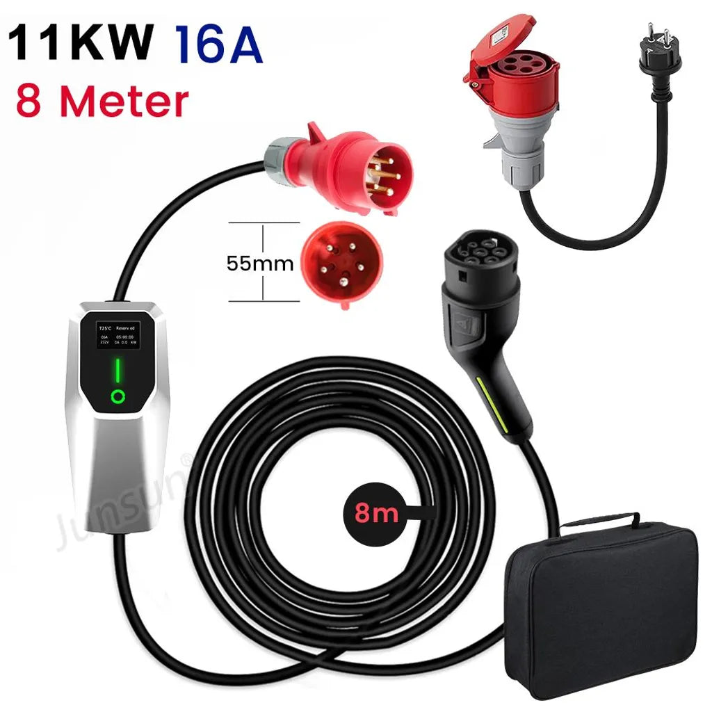 JUNSUN 11kW Mobile Wallbox Typ 2 | 8m Ladekabel | CEE & Schuko Adapter