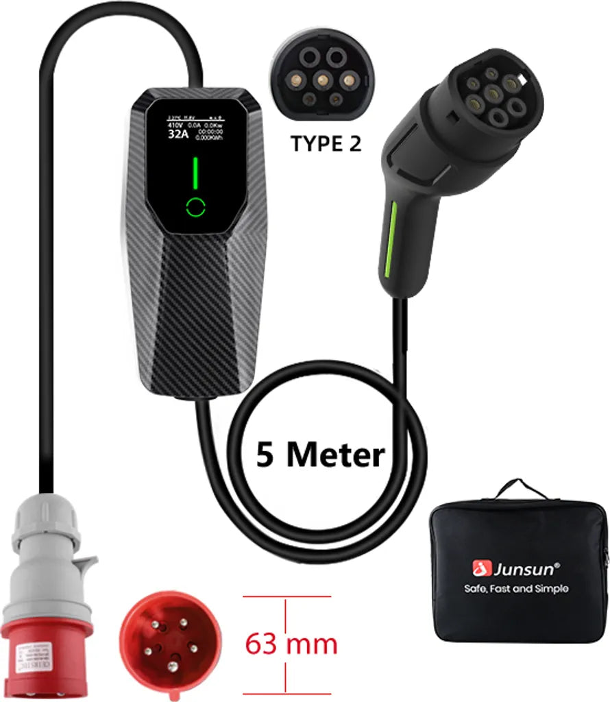 22kW Mobiles EV Ladegerät Typ 2 | 32A 3-Phasig | 5m Ladekabel IP65