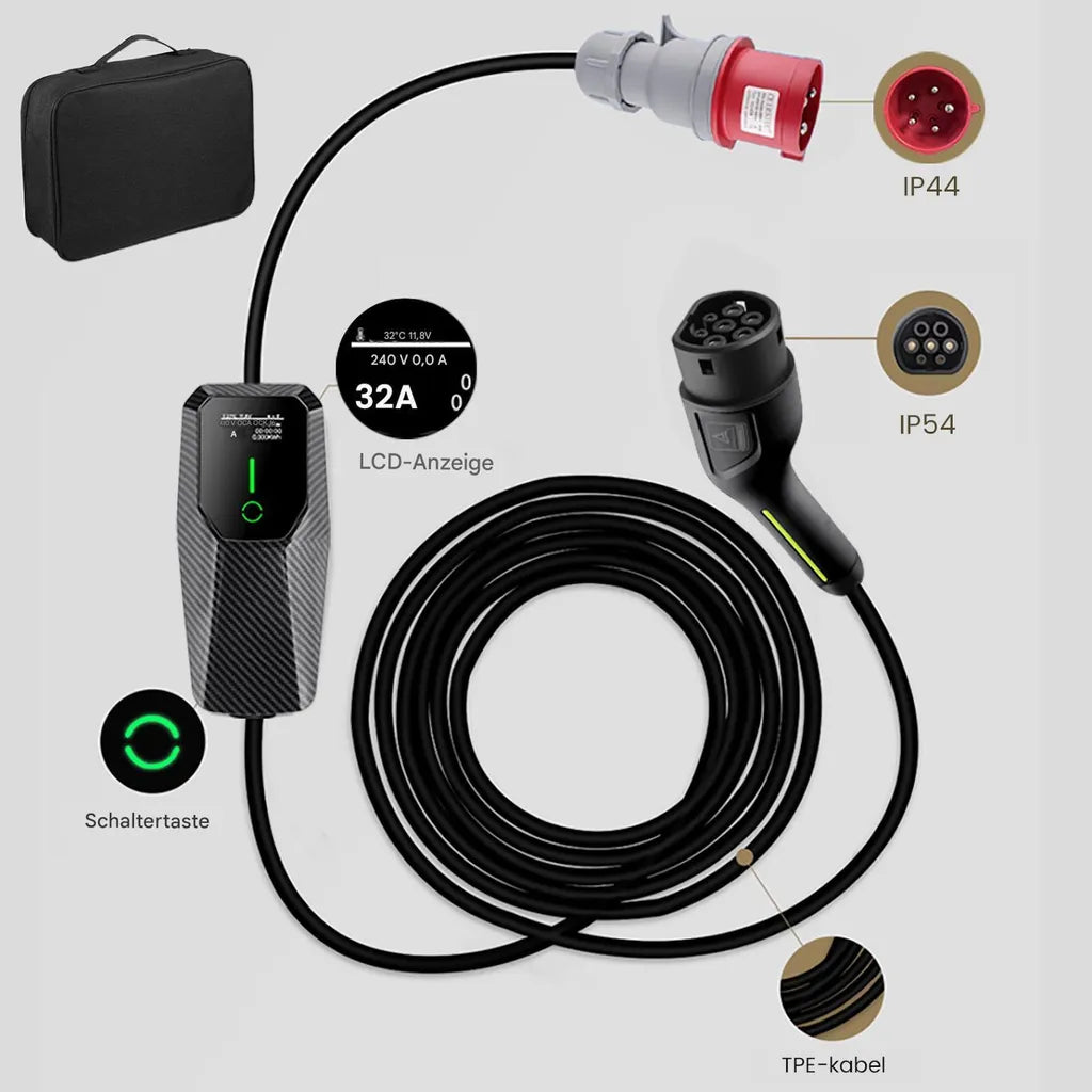 22kW Mobiles EV Ladegerät Typ 2 | 32A 3-Phasig | 5m | 8A-32A Einstellbar