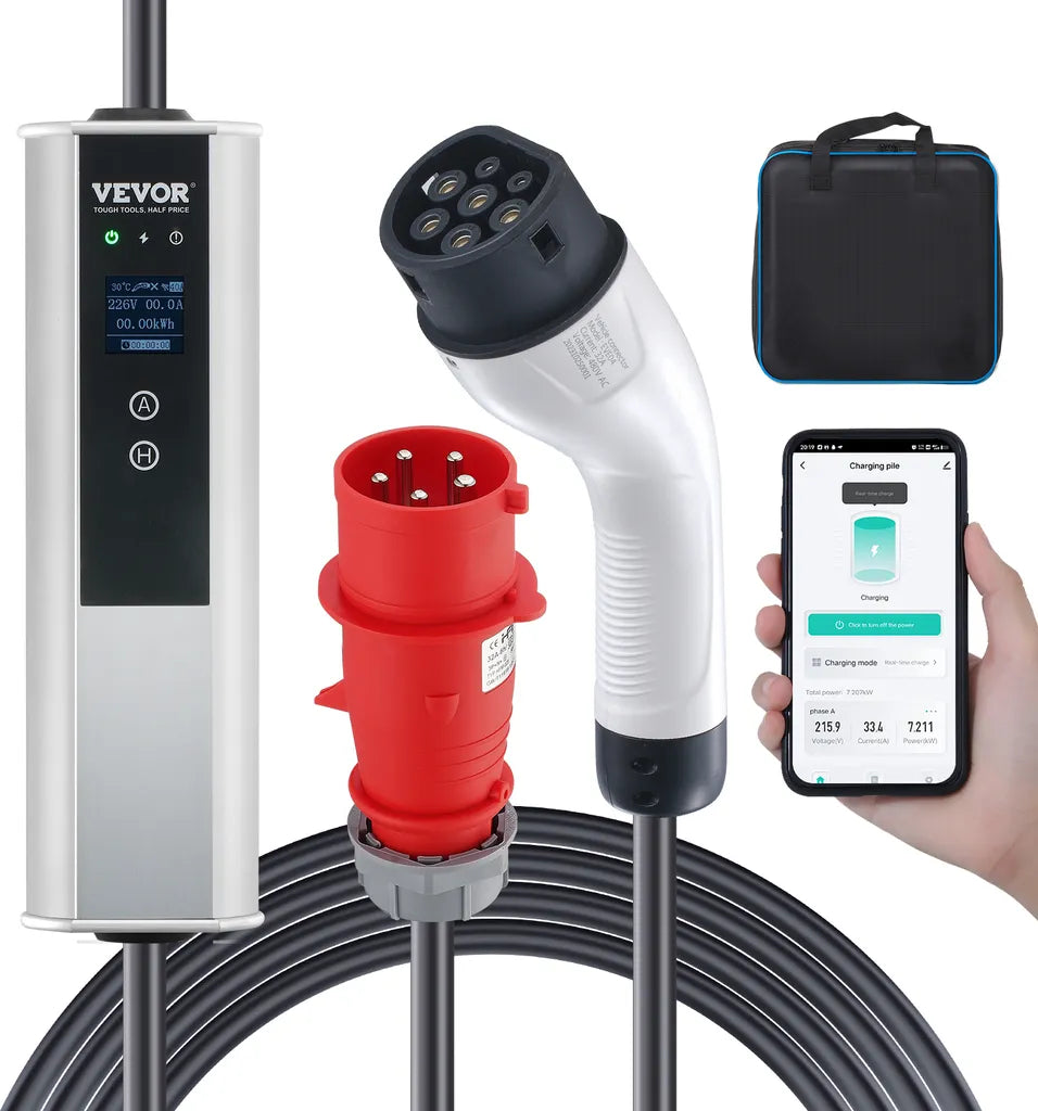 VEVOR 22kW Mobiles EV Ladegerät Typ 2 | 32A | 7,5m Ladekabel | IP66 Aluminium