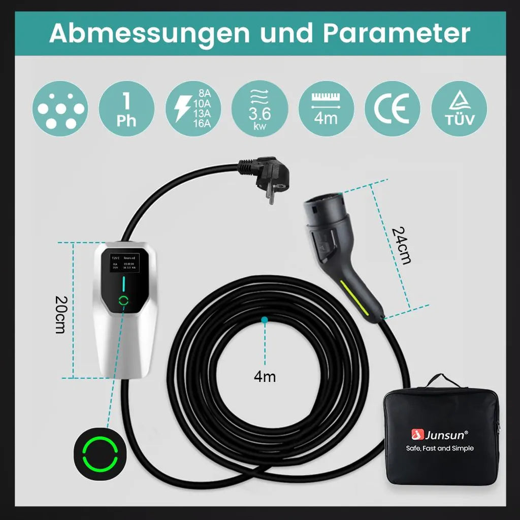 JUNSUN Tragbares EV-Ladegerät Typ 2 | 3,68kW - 16A | 4m Kabel IP67