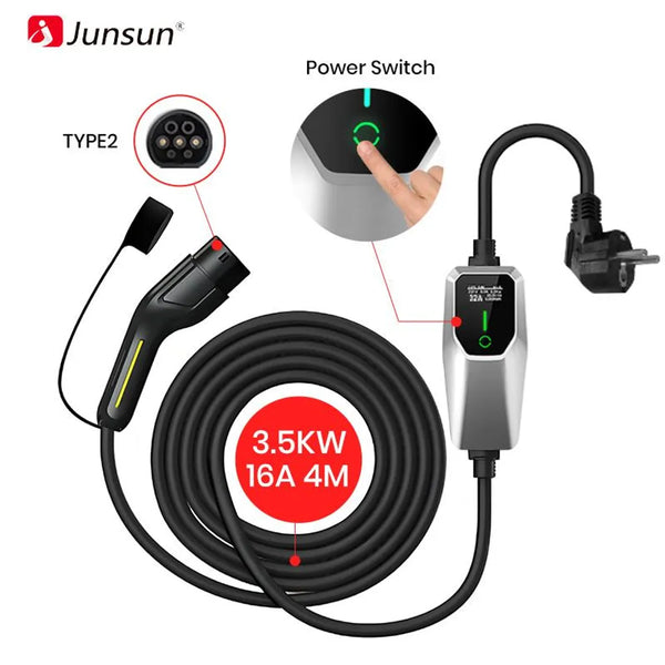JUNSUN Tragbares EV-Ladegerät Typ 2 | 3,68kW - 16A | 4m Kabel IP67